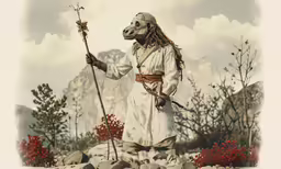 a character standing on some rocks holding onto flowers