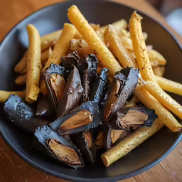 a plate of fries that have various flavored foods