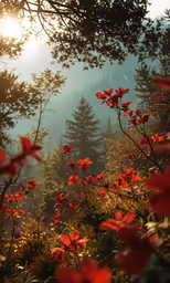 beautiful red flowers in a forest with the sun peaking through the trees