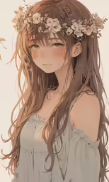 the girl has long hair and a wreath around her head