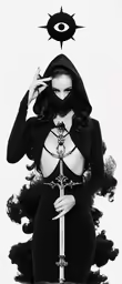 a woman dressed in black and wearing a black mask holding a sword