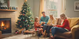 a family sitting on couch next to christmas tree