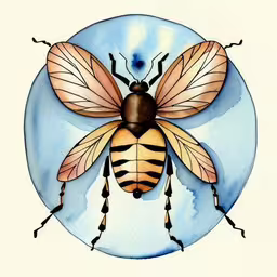 a bee with a red and yellow striped belly and a black stripe on the front side,a drawing of a bee with a white background