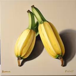 two bananas that are sitting in front of a white backdrop