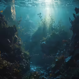 sunlight rays shine from behind the trees in an underwater forest
