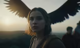 a woman in brown standing with two birds above her