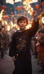 the young child is holding a fire on his hand