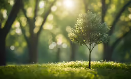 the sun shining through the trees in a field