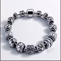 the beads on a bracelet have intricate shapes,a bracelet with silver and charms