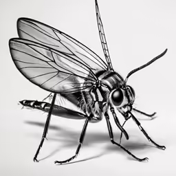 a black and white fly insect is looking to the left