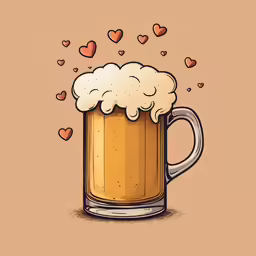 a large mug of beer with hearts floating around