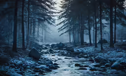 a stream in the woods on a foggy day