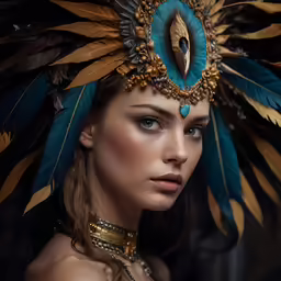 beautiful woman in blue feather headdress with large peacocks