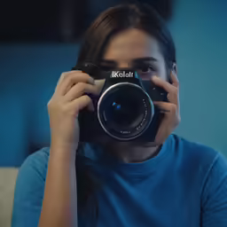a girl with long hair taking a photo with her camera