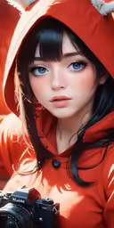 a girl in an orange hooded hoodie holds a camera