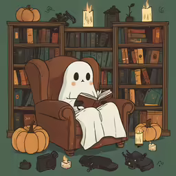 an illustrated picture of a ghost reading a book