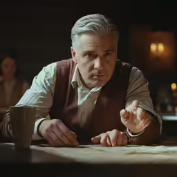 man sitting at a table looking up to the left