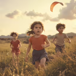 three children are running on the grass near one another