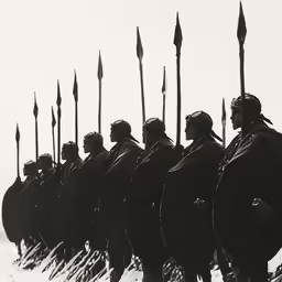 a line of soldiers with speared spears walking across the snow