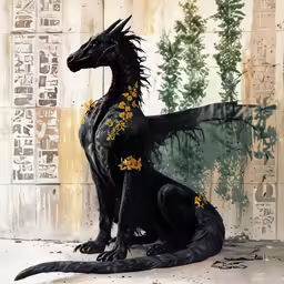 a drawing of a black dragon sitting on the ground