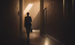 man with suitcase walking down a dimly lit hallway