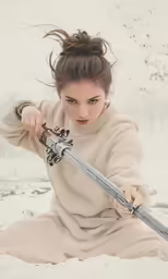a young lady kneeling down in the snow with a sword