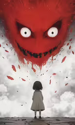 an illustration of a woman in a white dress and red head with the eyes of a monster