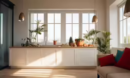 a kitchen with many potted plants and windows