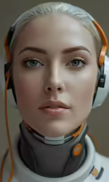 a female robot with ear phones and blue eyes