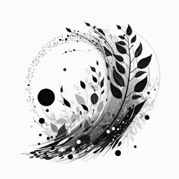 abstract black and white drawing of leaves and dots