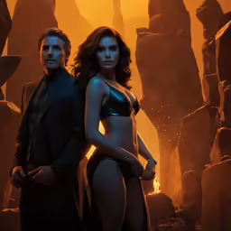 two people standing in the middle of a desert with a bright orange background