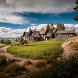 the front side of a house sitting on a green field