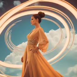 a woman in an elegant, flowing dress standing by the sky