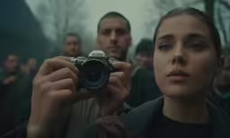 a woman holding a camera in front of a man