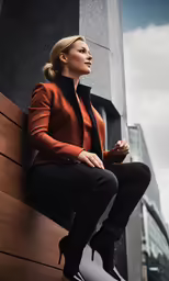 a woman sits on a bench by a building