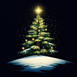 a brightly lit christmas tree stands in the middle of a snowy landscape