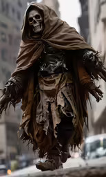 the skeleton wearing a robe is dancing on a street
