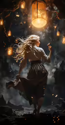 a woman with long hair in a dress running under a street light
