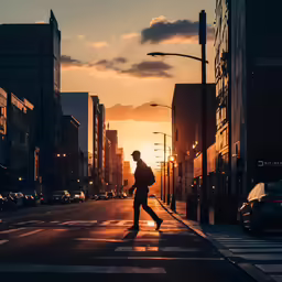 the man is crossing the street at sunset