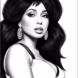 a black and white photograph of a woman wearing large earrings
