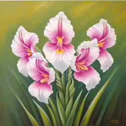 a painting of pink and white flowers on green background,a painting of some pink flowers and green background,painting of three pink flowers by itself,white and pink flowers are displayed on green background,a painting of four pink flowers in a vase