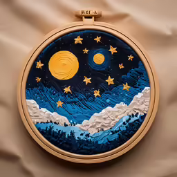a hand embroidery kit with a landscape and mountain pattern