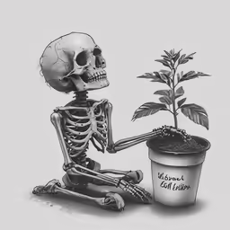 a skeleton is holding a potted plant while sitting down