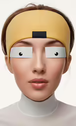 a woman with her eyes partially closed and a blindfold