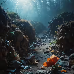there is a lone flower on the ground next to rocks
