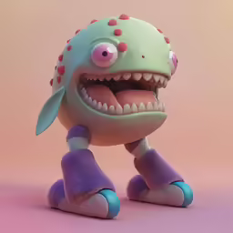 a weird looking stuffed animal with big teeth