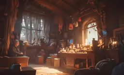 a woman in a dimly lit room, near a fireplace