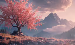 an animated photo of a pink tree on a hill