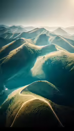 green hills with trees and light streams in the middle
