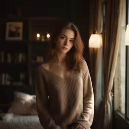 a woman in a sweater looks out a window